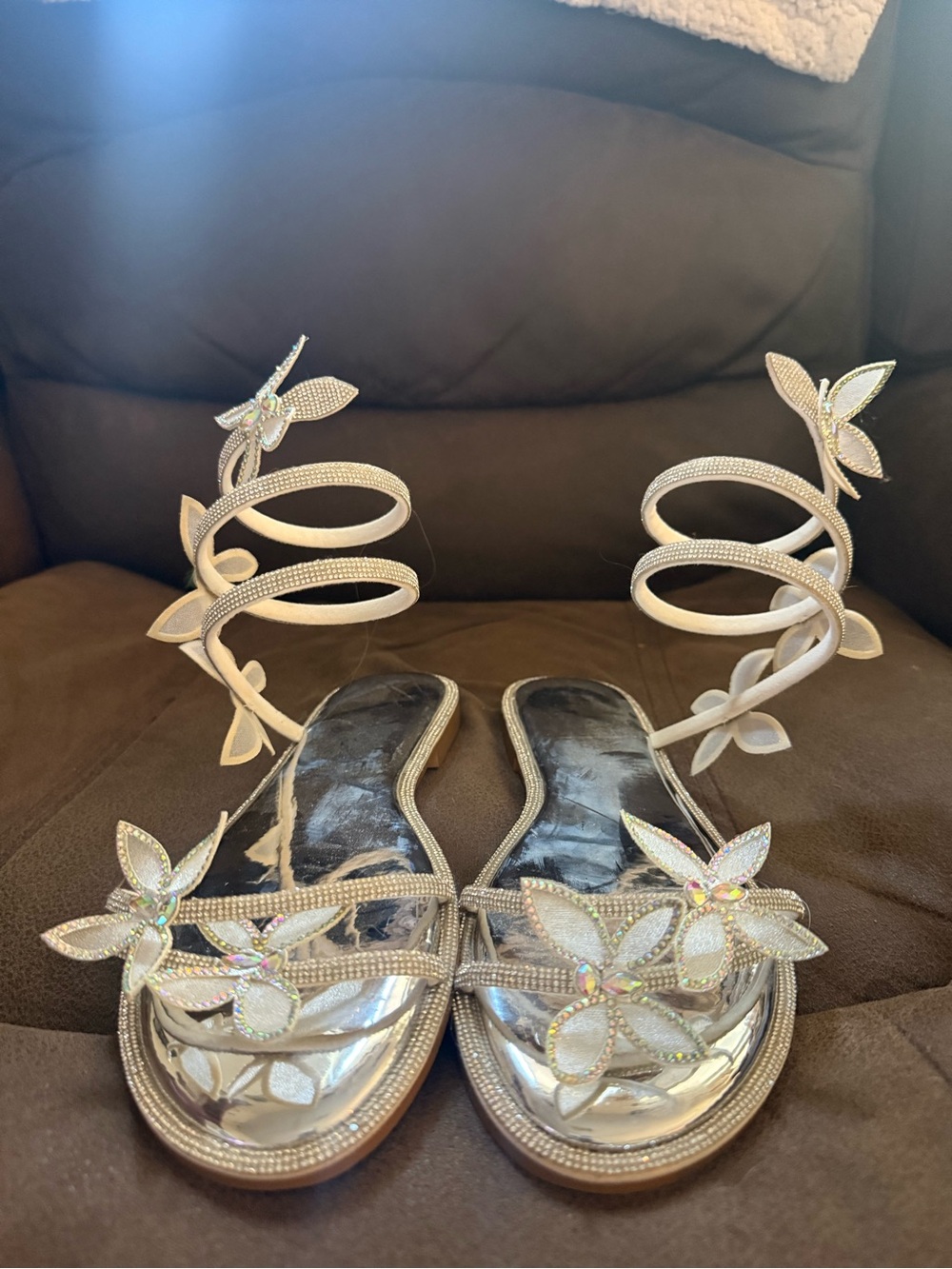 Amazon Silver Floral Crystal Spiral Ankle Wrap Sandals - Women